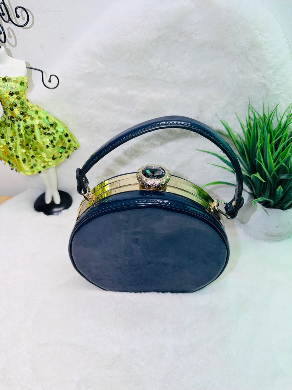 Stunning Navy Patent Round Top-Handle Bag w/ Giant Rhinstone & Paisley Interior